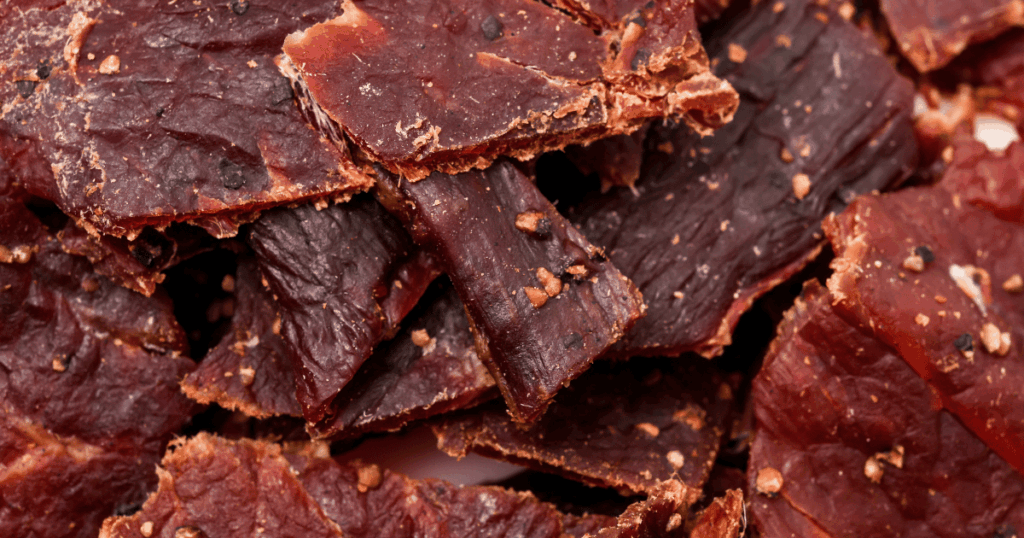Close-up of homemade beef jerky slices from John Mull’s Meats