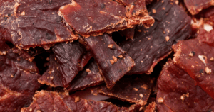 Close-up of homemade beef jerky slices from John Mull’s Meats