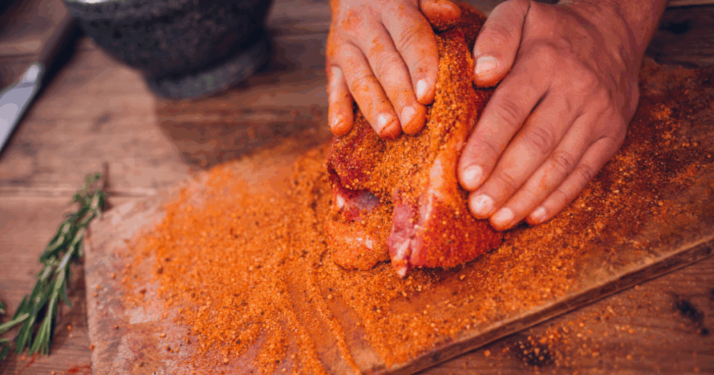 Hands applying BBQ rubs to a raw cut of meat on a wooden board with fresh rosemary and spices