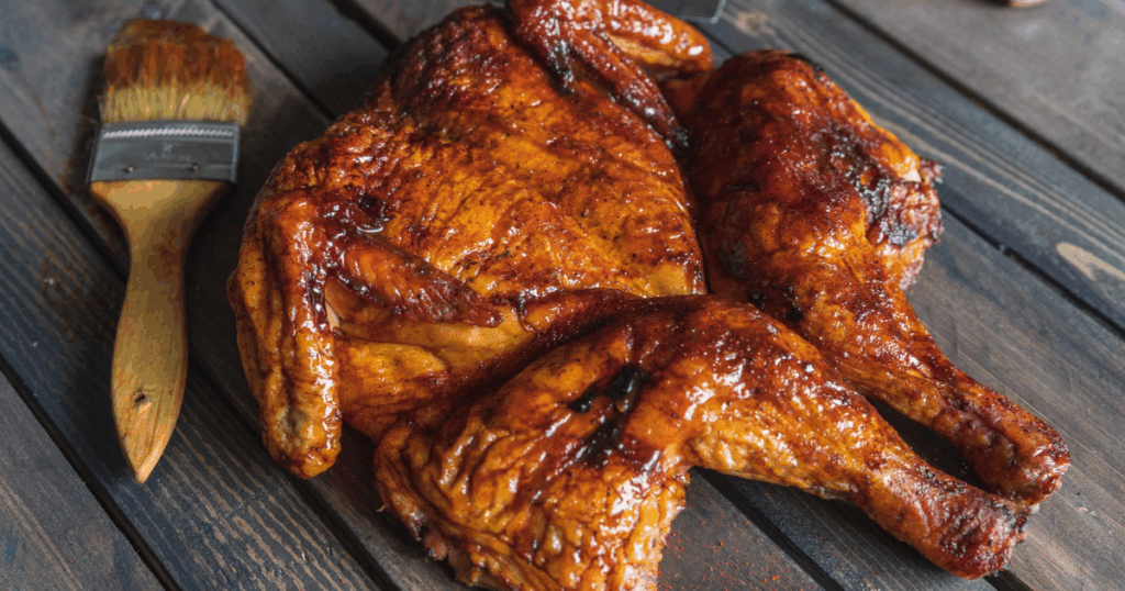 Perfectly grilled BBQ chicken glazed with sauce, ready to serve on a wooden table