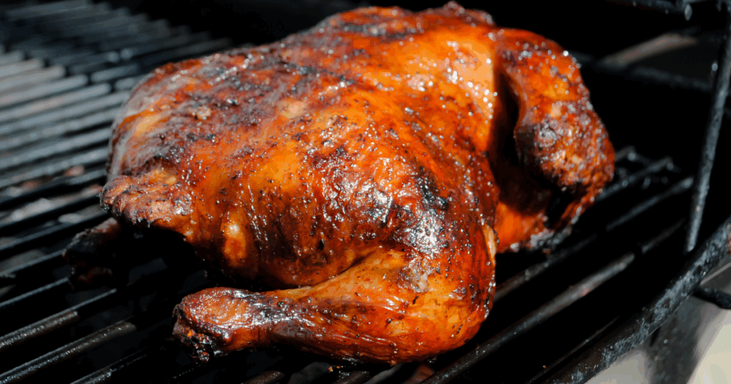 Perfect BBQ chicken grilling on a barbecue with crispy skin and smoky char