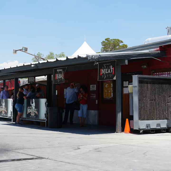 Customers waiting outside John Mull’s Road Kill Grill in Las Vegas for famous BBQ