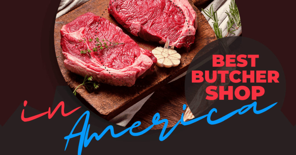 Two premium ribeye steaks on a butcher block with herbs at John Mull’s Meat Butcher Shop in Las Vegas