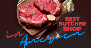 Two premium ribeye steaks on a butcher block with herbs at John Mull’s Meat Butcher Shop in Las Vegas