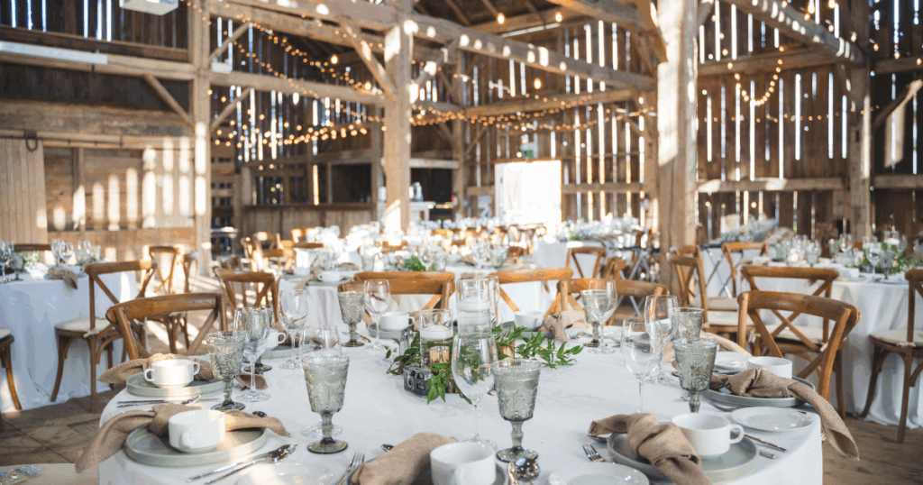 Rustic barn wedding reception setup with catering by John Mull’s Road Kill Grill for special events in Las Vegas