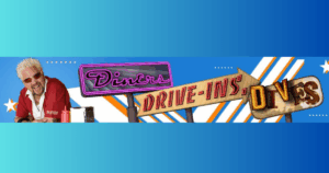 Official Diners, Drive-Ins, and Dives banner highlighting Guy Fieri and John Mull’s Road Kill Grill’s Las Vegas BBQ feature on Food Network.
