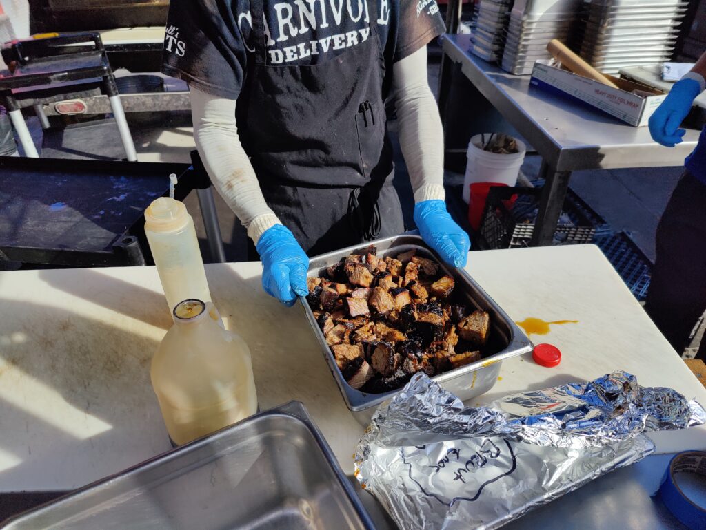 Chopped smoked brisket prepared at John Mull’s Road Kill Grill, a top Las Vegas BBQ spot for brisket lovers and smoked meats.